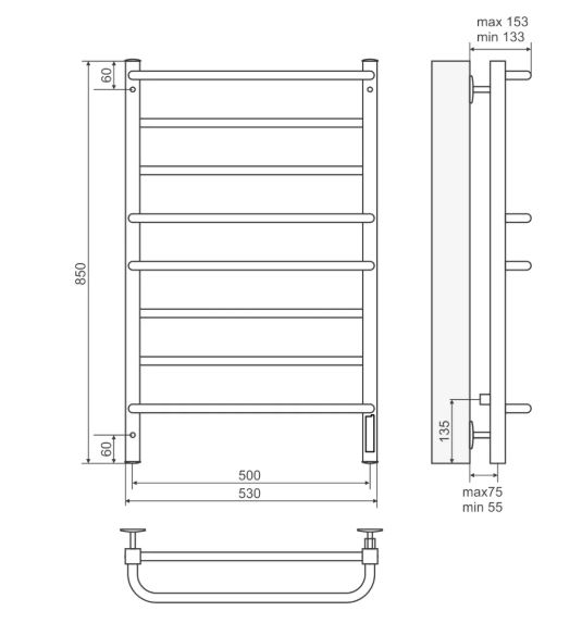 Полотенцесушитель электрический Terminus Евромикс квадро 850x530 (30х30/18 П8)