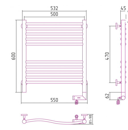 Полотенцесушитель электрический Сунержа Флюид 2.0 600x500, правый (00-5221-6050)