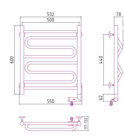 Полотенцесушитель электрический Сунержа Элегия 2.0 600х500, правый (00-5219-6050)