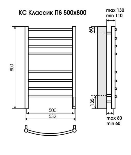 Полотенцесушитель электрический Terminus Классик П8 500x800 КС 9003 матовый